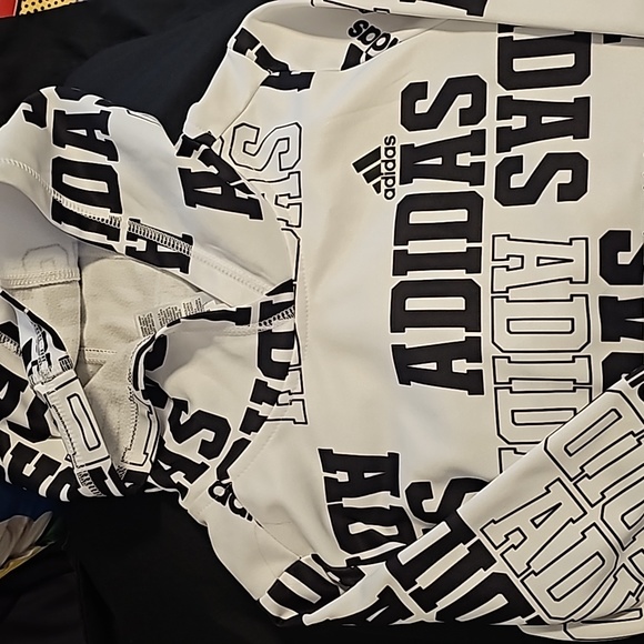 Adidas White & Black Logo Printed Light Pullover Hoodie Kids Size 5 - Picture 1 of 4